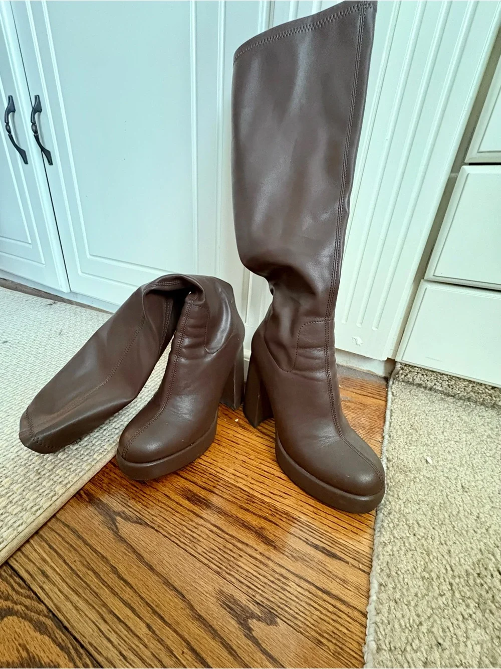 Brown Knee-High Platform Block Heel Boots - Women